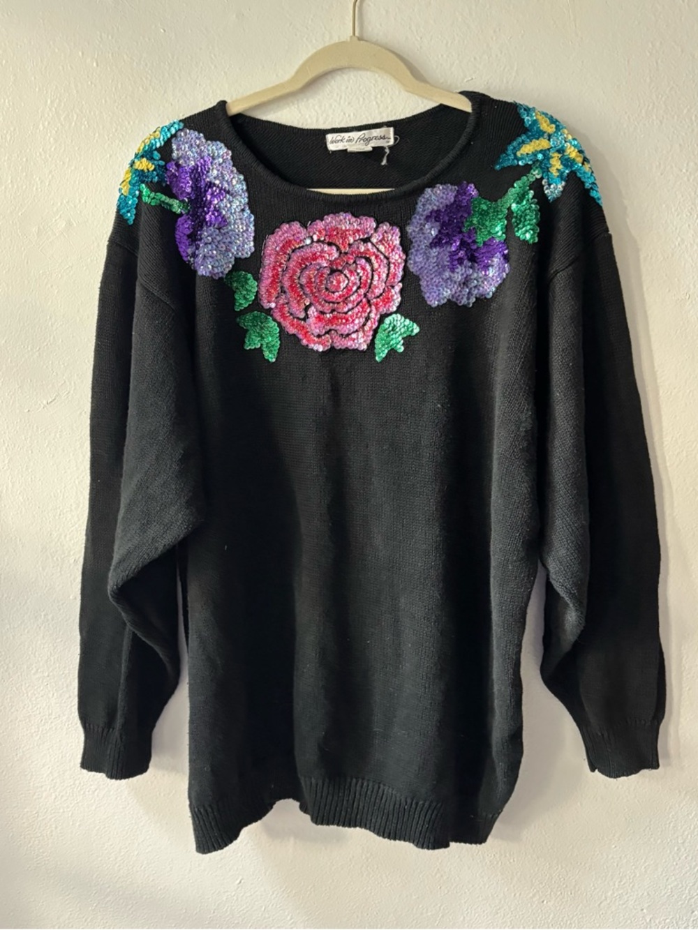Black Sequin Floral Crewneck Sweater - Unbranded